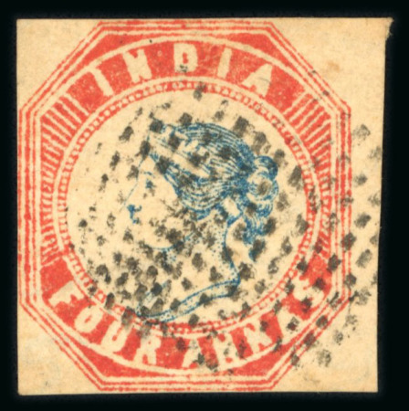 Stamp of India » 1854 Lithographs 1854 4a blue and red, 3rd printing head die III, frame die I, a very fine used example struck by mute dotted obliterator cut square and with full to close to very wide margins, with some very light toning; very fine and