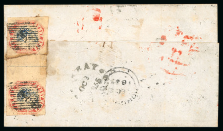 Stamp of India » 1854 Lithographs 1855 4a blue and red on cover from Bombay to Canton via Singapore, a pair struck (but not tied) by barred diamond obliterator, showing stamps widely spaced and with wavy line separation; the pair was placed so as to seal