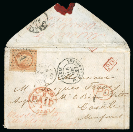 Stamp of Montserrat 1867 (Sep 6) envelope from France to Monferrat (Italy), bearing France 40c, red crayon "MISSENT TO MONTSERRAT WEST INDIES"