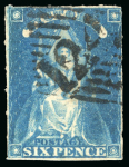 Stamp of Aden Victoria 1858 Queen-on-Throne 6d bright blue with bold "124" numeral of Aden