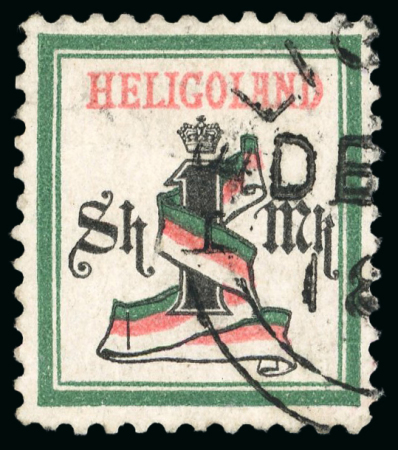 Stamp of Heligoland 1875-90 1m deep green and scarlet perf.11 1/2 instead of 13 1/2:14 1/2, used