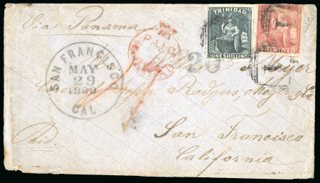 Stamp of Trinidad and Tobago » Trinidad 1860 (Apr 28) envelope to the USA with 1859 imperf. 1s indigo and 1854-57 (1d) rose-red