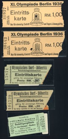 Stamp of Olympics » 1936 Berlin » Documents, Programmes, Tickets, etc. Group of five tickets incl. two "Eintrittskarte" single entry tickets, one for sight-seeing of the Olympic Stadium and two to the Olympic Village in Döberitz