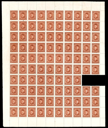 Stamp of Egypt » 1922-1936 King Fouad I Definitives » Essays 1922 Essays of Harrison & Sons: 5m red-brown, complete sheet of one hundred essays, with two stamps removed