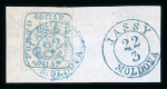 Stamp of Romania » 1858 (1st Nov.) - 1861 Moldavia - Handstruck at Jassy - Imperforate 40 Parale on blue or white paper, three examples on pieces tied by FRANCO/VASLUI oval in black, JASSY or GALATZ blue cds