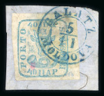 Stamp of Romania » 1858 (1st Nov.) - 1861 Moldavia - Handstruck at Jassy - Imperforate 40 Parale on blue or white paper, three examples on pieces tied by FRANCO/VASLUI oval in black, JASSY or GALATZ blue cds