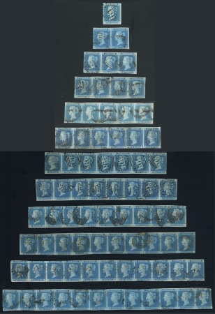 Stamp of Great Britain » 1841 2d Blue 1841 2d blue used group in a "Christmas tree" shape from a single and increasing size of multiple up to a strip of 12