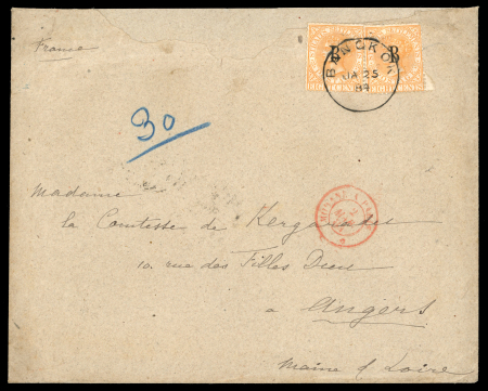 Stamp of British P.O. in Siam (Bangkok) » Covers 1884 (Jan 25) Envelope with 1882-85 wmk CC 8c orange in a pair, tied by a "BANGKOK/JA.25.84" cds
