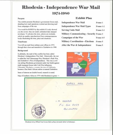 Stamp of Rhodesia 1974-80 collection of mail from the War of Independence 5-frame exhibit