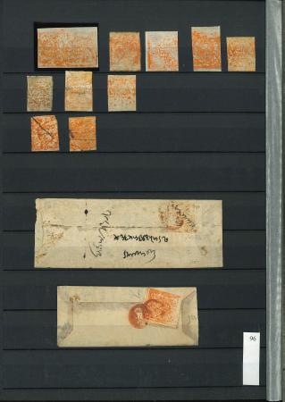 Stamp of Indian States » Jammu & Kashmir 1867-77 1a orange-vermilion group incl. unused (7 singles and a pair), 2 used, and 4 covers