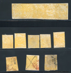 Stamp of Indian States » Jammu & Kashmir 1867-77 2a yellow group incl. unused (5) and used (3), mixed condition, plus sheet of 5