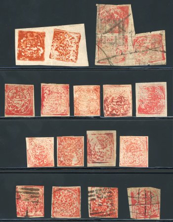 Stamp of Indian States » Jammu & Kashmir 1867-77 8a red group incl. 9 unused, unused pair, four used and block of 3 used