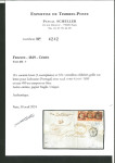 Stamp of France » Type Cérès de 1849-1850 1850, Lettre de Paris pour Portugal affranchie à 3F avec 2 exemplaires du Cérès YT n°6 et un Cérès 1F vermillon n°7