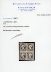 Stamp of Luxembourg 1852 Luxembourg 10 centesimi black gray, block of four obliterated by mute barred cds