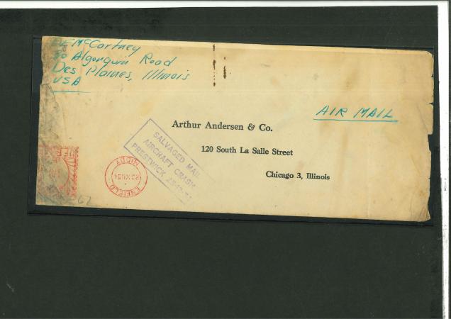 Stamp of Great Britain » Postal History » Crash and Wreck Mail 1954, B.O.A.C. airliner no. G-ALSA, wreck cover Great Britain (Enfield) United States (Chicago)