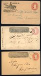 Stamp of United States 1853-86 four postal stationery envelopes, three from Wells Fargo with oval markings in black, blue, and pink