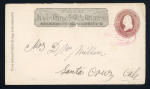 Stamp of United States 1853-86 four postal stationery envelopes, three from Wells Fargo with oval markings in black, blue, and pink