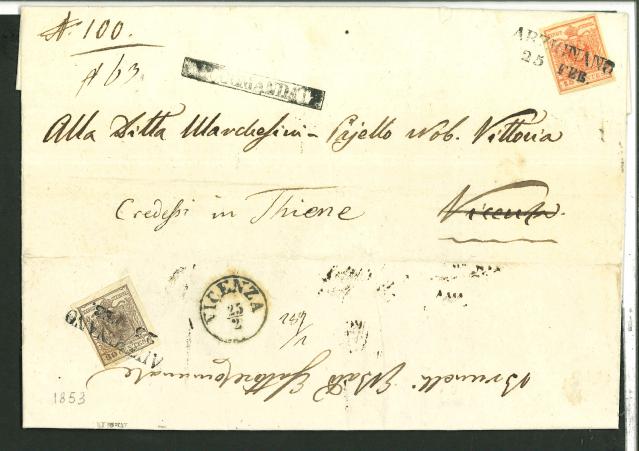 Stamp of Austria » Lombardy Venetia 1853 Austria, Lombardy Venetia, Italy registered letter 15c  + 30c ARZIGNANO
