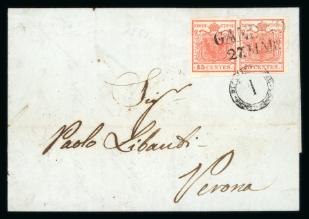 Stamp of Austria » Lombardy Venetia 1851 Lombardy Venetia Austria Italy folded letter 2 x 15C ty I GANDINO + DISTRIBUZIONE 1