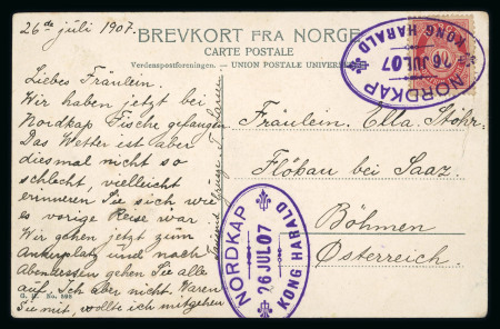 Stamp of Norway » Spitzbergen 1907, 10ö red tied to picture postcard 'Nordkap, midnight sun' by large oval violet 'NORDKAP KONG HARALD'