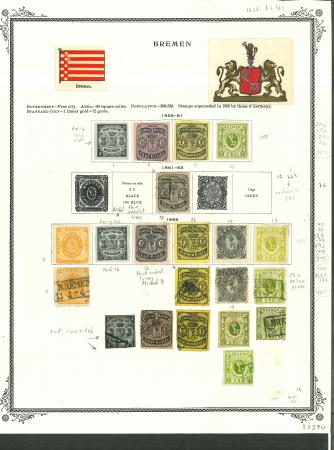 Stamp of Germany Bremen 1855-66, a group of fifteen stamps on one printed page, Sc 1-15, 10 MH and 5 used, with several high values; a few with minor defects are not counted in the total cat. value listed by seller at $3570.