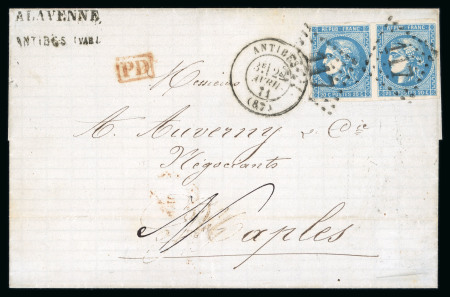 Stamp of France » Emission de Bordeaux 1870 1871 France paire Bordeaux 20c type II, report 2 Antibes --` Naples