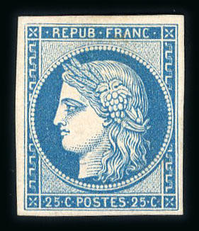 Stamp of France » Type Cérès de 1849-1850 1850, Cérès 25 centimes bleu Y&T n°4d * réimpression