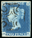 Stamp of Great Britain » 1840 2d Blue (ordered by plate number) 1840 2d blue pl.1 AK, fine to very good margins, showing shifted transfer (basal), used