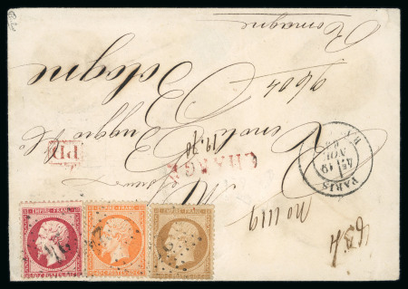 Stamp of France » Empire 1853-1862 1863 France Empire dentelé trois couleurs 10c,40c,80 dans lettre chargè Paris Bologna