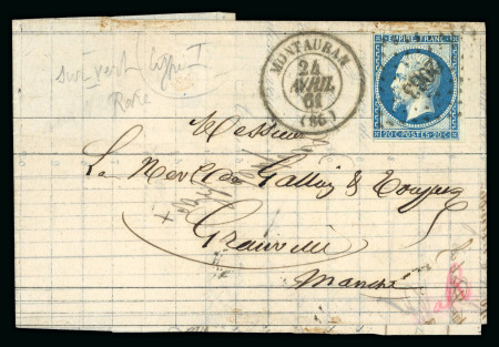 Stamp of France » Empire 1853-1862 1861, Y&T n° 14Am superbe nuance bleu sur vert de