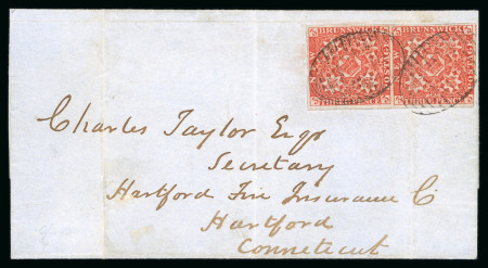 Stamp of Canada » New Brunswick 1851, 3d dark bright red on bluish paper, horizontal pair, tied by mute grill cancels on folded cover