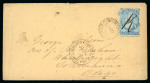 Stamp of New Zealand 1865 envelope from Kanieri (Goldfield in Westland county) with Chalon Head 2d pale blue cancelled with manuscript "K"