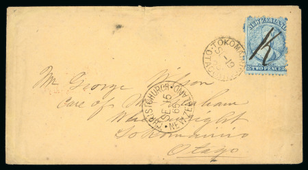 Stamp of New Zealand 1865 envelope from Kanieri (Goldfield in Westland county) with Chalon Head 2d pale blue cancelled with manuscript "K"