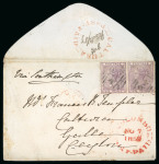 Stamp of British Guiana 1859 (Sep 9) envelope from Demerara to Ceylon franked with GB 1855-57 6d pair tied by "A03" barred ovals