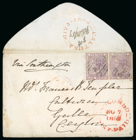 Stamp of British Guiana 1859 (Sep 9) envelope from Demerara to Ceylon franked with GB 1855-57 6d pair tied by "A03" barred ovals