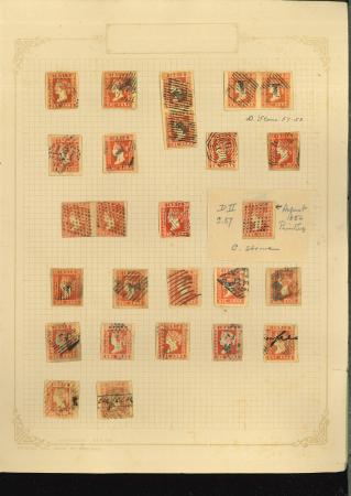 Stamp of India » 1854 Lithographs 1854 ½a and 1a values, big selection mounted on old pages, ½a 54 used, including strip and block of four with good range of shades and cds, 1a 5 unused and 56 used examples, including strip of three and pairs; an impress
