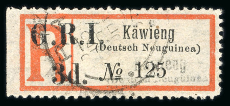 Stamp of New Guinea 1915 Käwieng 3d registration label, perf.11 1/2, with faint double impression of "Käwieng / (Deutsch Neuguinea)" below