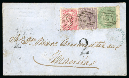 Stamp of Gibraltar 1860 (Jan 26) envelope sent to the Philippines, with GB 1856 4d, 6d and 1s tied by neat "A26" numerals
