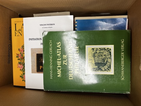Stamp of Literature Accumulation of books and journals in two boxes, including World Postal Stationery by Higgins & Gage