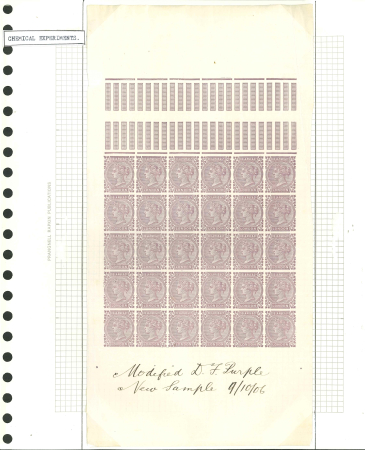 Stamp of Great Britain » King Edward VII » 1902-10 De La Rue Issues 1906 De La Rue dummy stamps trial sheetlet of 30 in purple designed to be used for chemical experiments