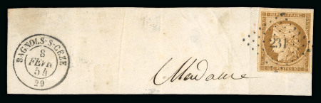 Stamp of France » Type Cérès de 1849-1850 1849, Y&T n° 1a bistre-brun oblitéré sur fragment