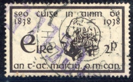 Stamp of Ireland » 1922-49 Dublin Government Printing Works Issues 1933 Father Mathew 2d agate, used single showing "inverted