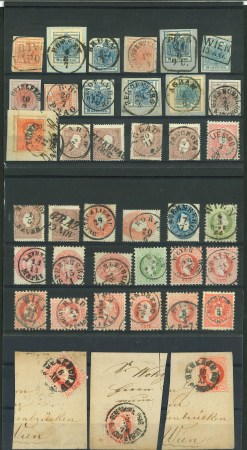 Stamp of Austria » Collections and Lots  Austria 1850-83, Small cancellation lot on 3 stockcards