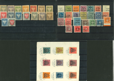 Stamp of Large Lots and Collections Poland 1918-19 Lot Poczta Polska ovpts on Austria, some Tarnow locals on Austria, etc