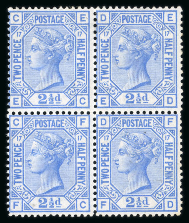 Stamp of Great Britain » 1855-1900 Surface Printed » 1873-80 Large Coloured Corner Letters 1873-80 2 1/2d blue pl.17. EC/FD mint block of four,