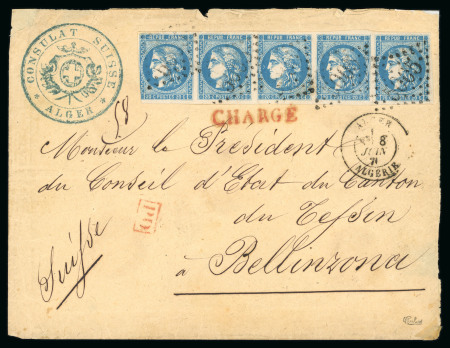 Stamp of France » Lettres Classiques 1871, Bande de 5 timbres Bordeaux n°46B sur lettre chargée d'Alger