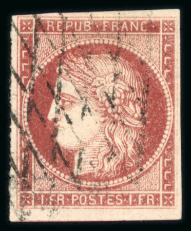 Stamp of France » Type Cérès de 1849-1850 1849, Y&T n° 6, 1 franc carmin, oblitération grille sans fin
