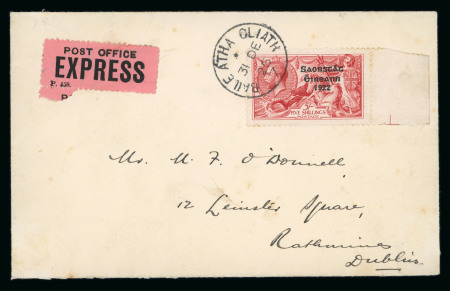 Stamp of Ireland » 1925 Narrow Date Overprints (T66-T68) 5s rose-red, right sheet marginal single, tied BAILE