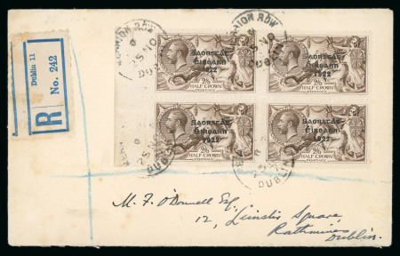 Stamp of Ireland » 1927 Composite Dates Overprints (T69-T71) 2s6d chocolate brown, left sheet marginal block of four, showing wide and narrow date on upper pair, tied to cover