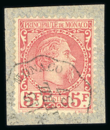 Stamp of Colonies françaises » Monaco Monaco : 1885, Prince Charles III YT n° 10 oblitéré sur fragment.